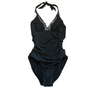 Spanx Love Your Assets Sara Blakely Swimsuit Sz L Black Ruched Halter Zebra Trim